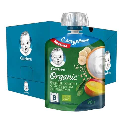 Пюре фруктово-йогуртное Gerber Organic Банан, манго с йогуртом и злаками 90г 16шт в Дети